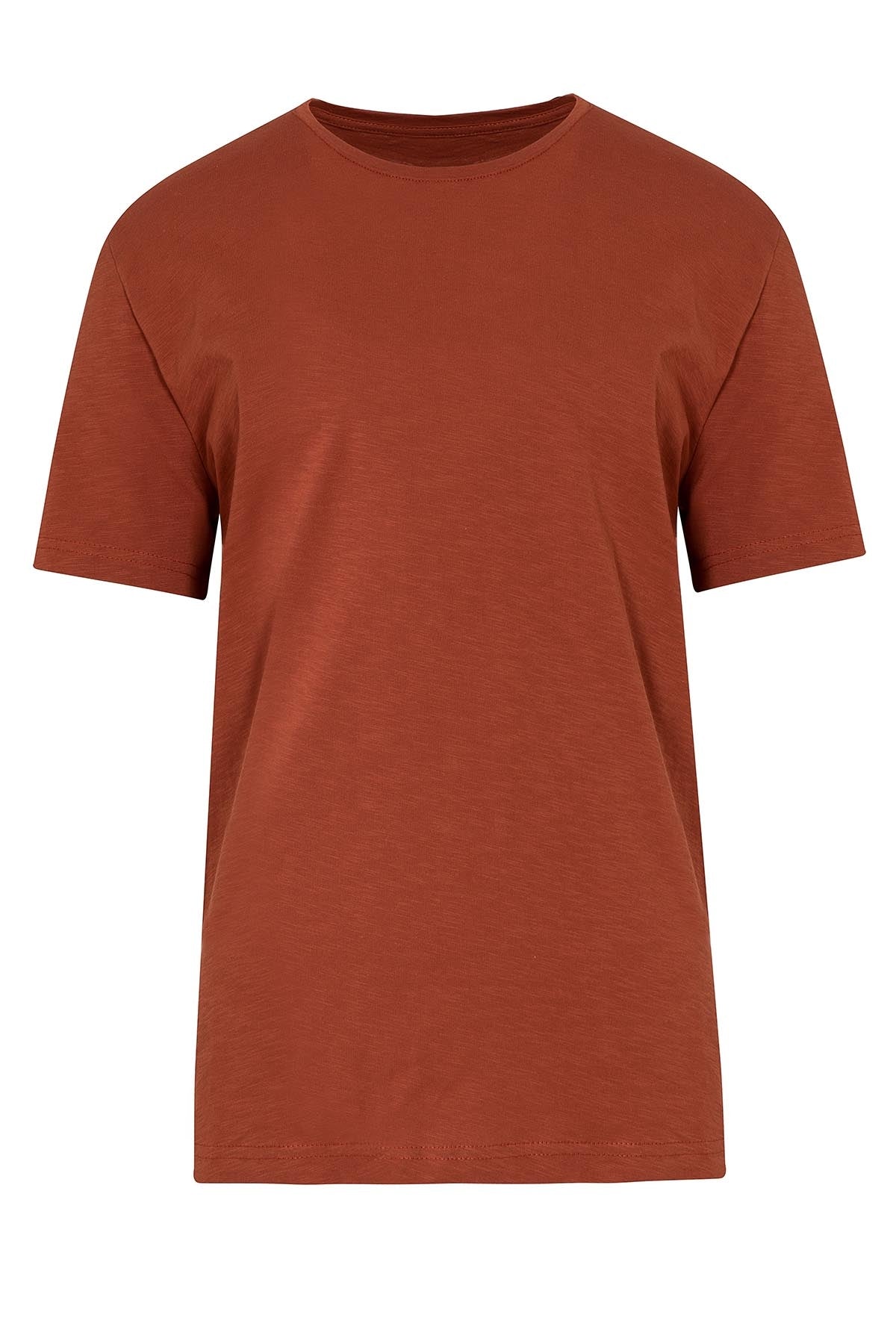A simple, rust-colored cotton t-shirt with a classic crew neck and short sleeves.