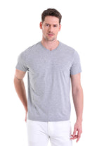 Gray heathered v-neck cotton t-shirt.