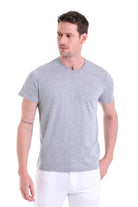 A men’s heather gray v-neck short-sleeve t-shirt.