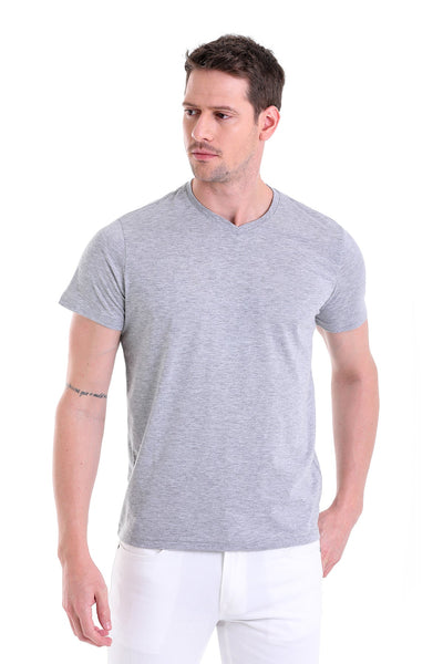 A men’s heather gray v-neck short-sleeve t-shirt.