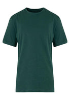 Dark green, plain cotton t-shirt with a classic crew neck and short sleeves.