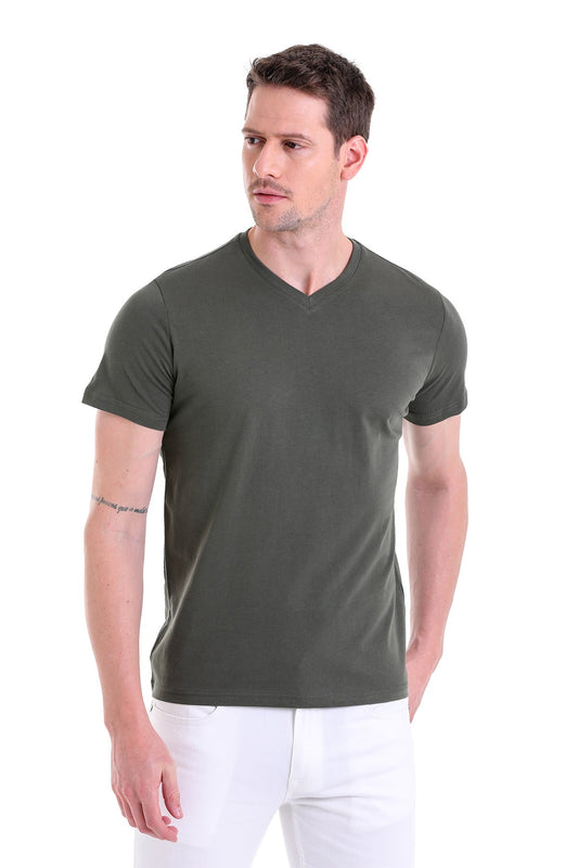 Slim Fit Basic Cotton Khaki V-Neck T-Shirt - SAYKI
