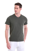 Olive green v-neck cotton t-shirt.