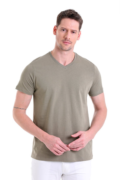 Olive green v-neck cotton t-shirt.