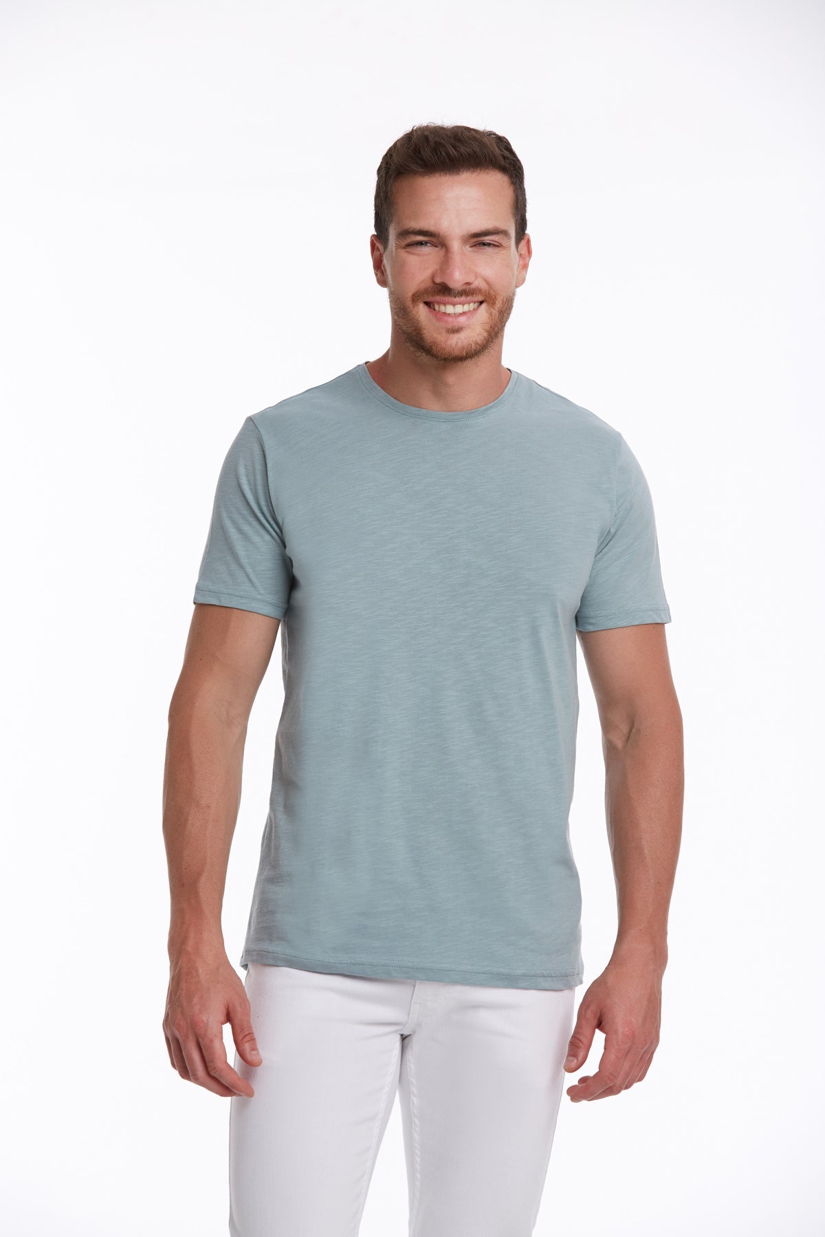 A light blue, short-sleeved crew neck t-shirt made of soft cotton fabric.