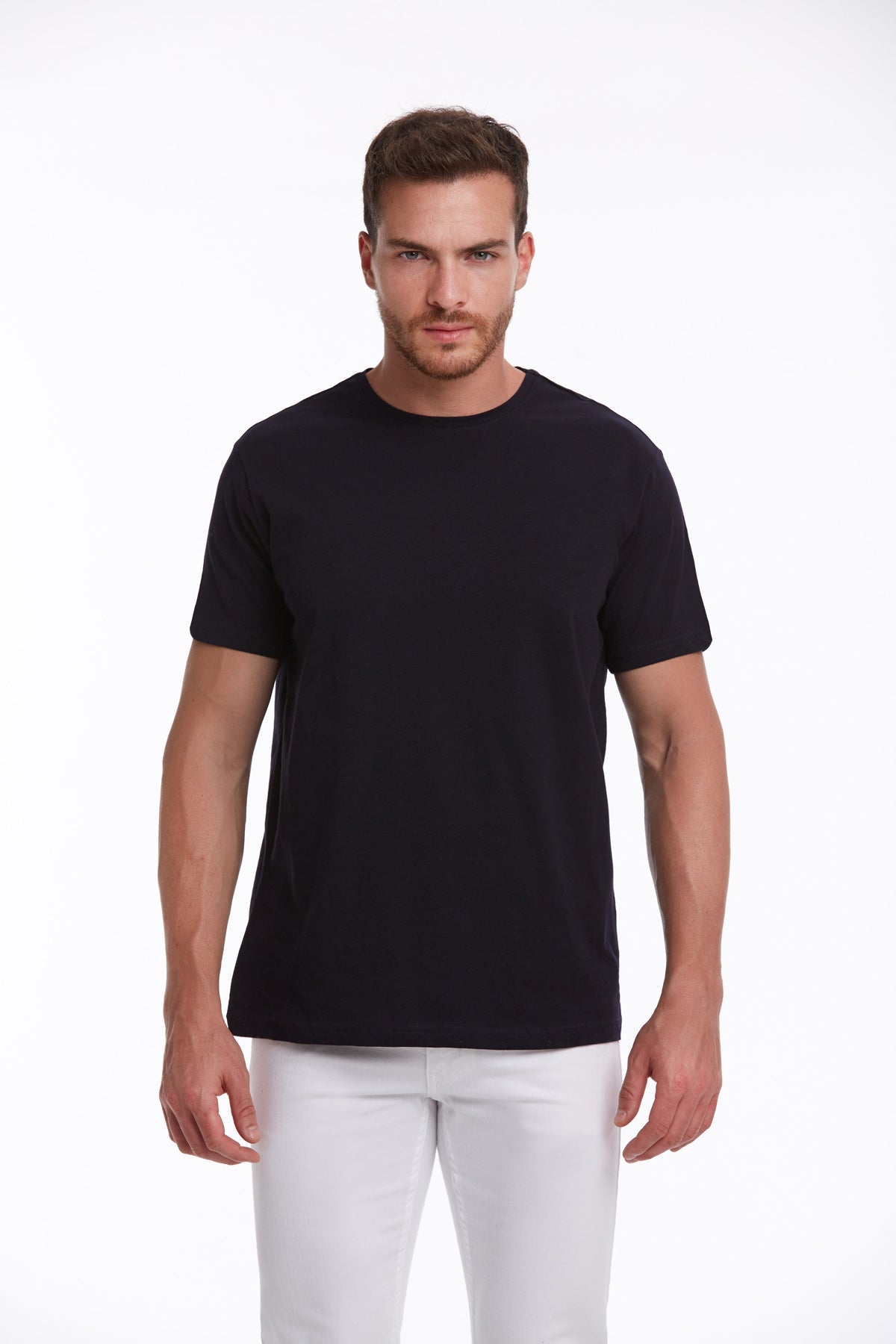 Black crew-neck cotton t-shirt.