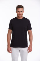 Black crew-neck cotton t-shirt.