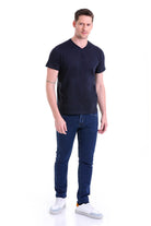 Slim Fit Basic Cotton Navy V-Neck T-Shirt - SAYKI
