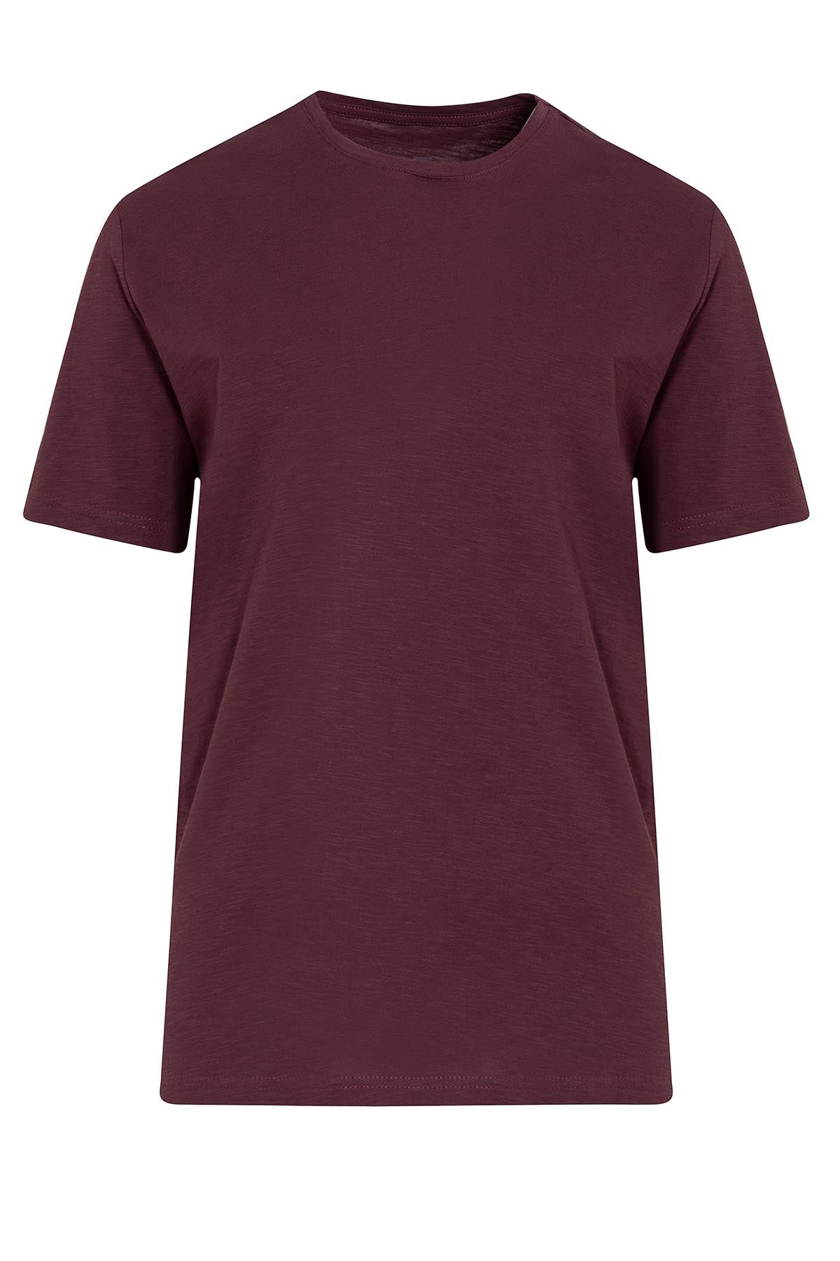 A plain maroon cotton t-shirt with a classic crew neck and short sleeves.