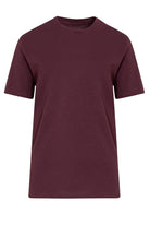 A plain maroon cotton t-shirt with a classic crew neck and short sleeves.