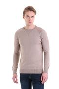 Slim Fit Beige Cotton Blend Crewneck Sweater