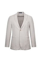 A light beige textured blazer with a single button closure and two front pockets.