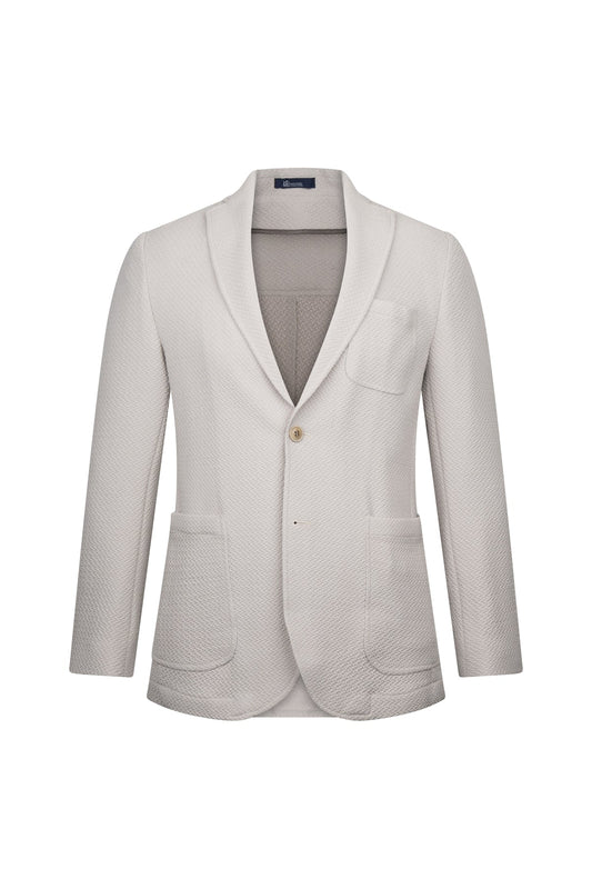 A light beige textured blazer with a single button closure and two front pockets.