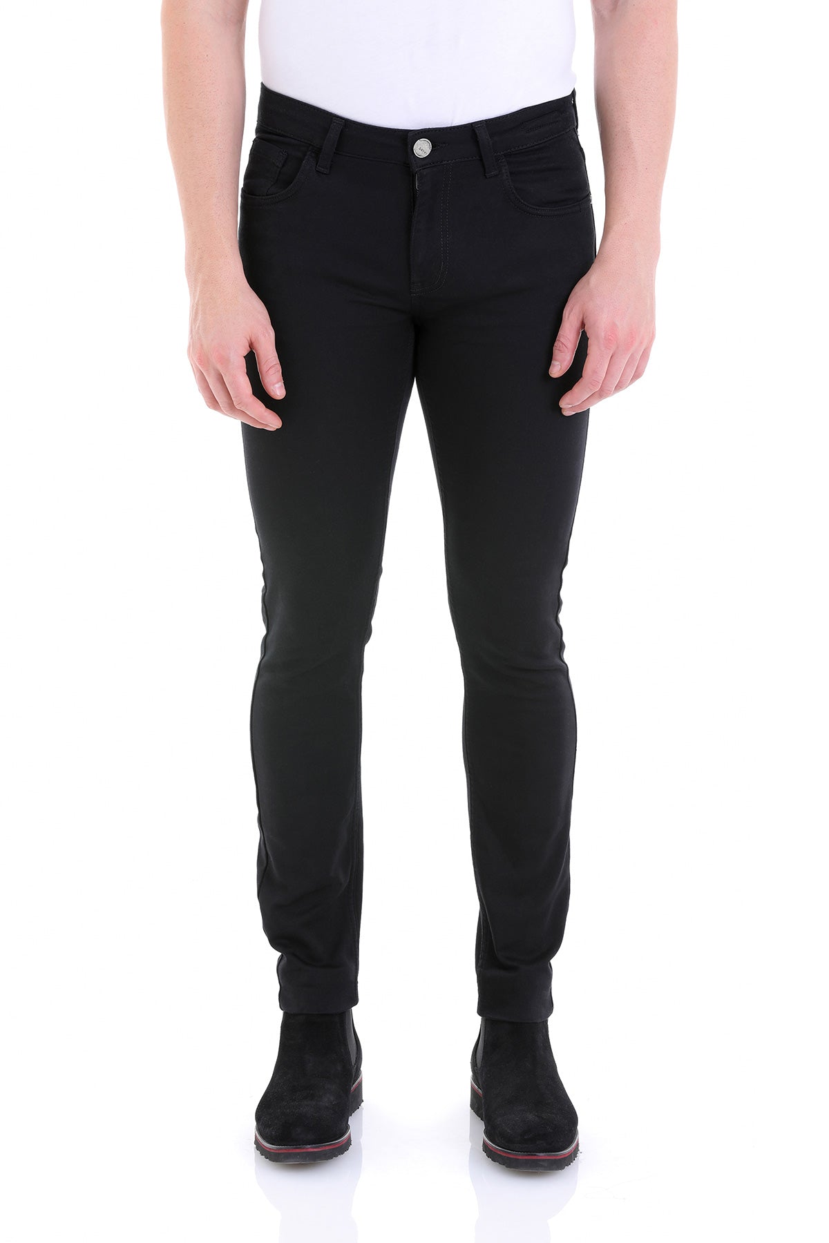 Black slim-fit jeans with a classic five-pocket design and a silver button.