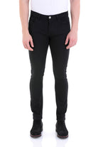Black slim-fit jeans with a classic five-pocket design and a silver button.