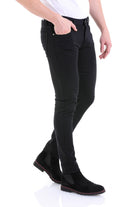 Black slim-fit jeans with a classic five-pocket design and subtle stitching details.