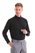Black long-sleeved button-down shirt with a classic collar and subtle texture.