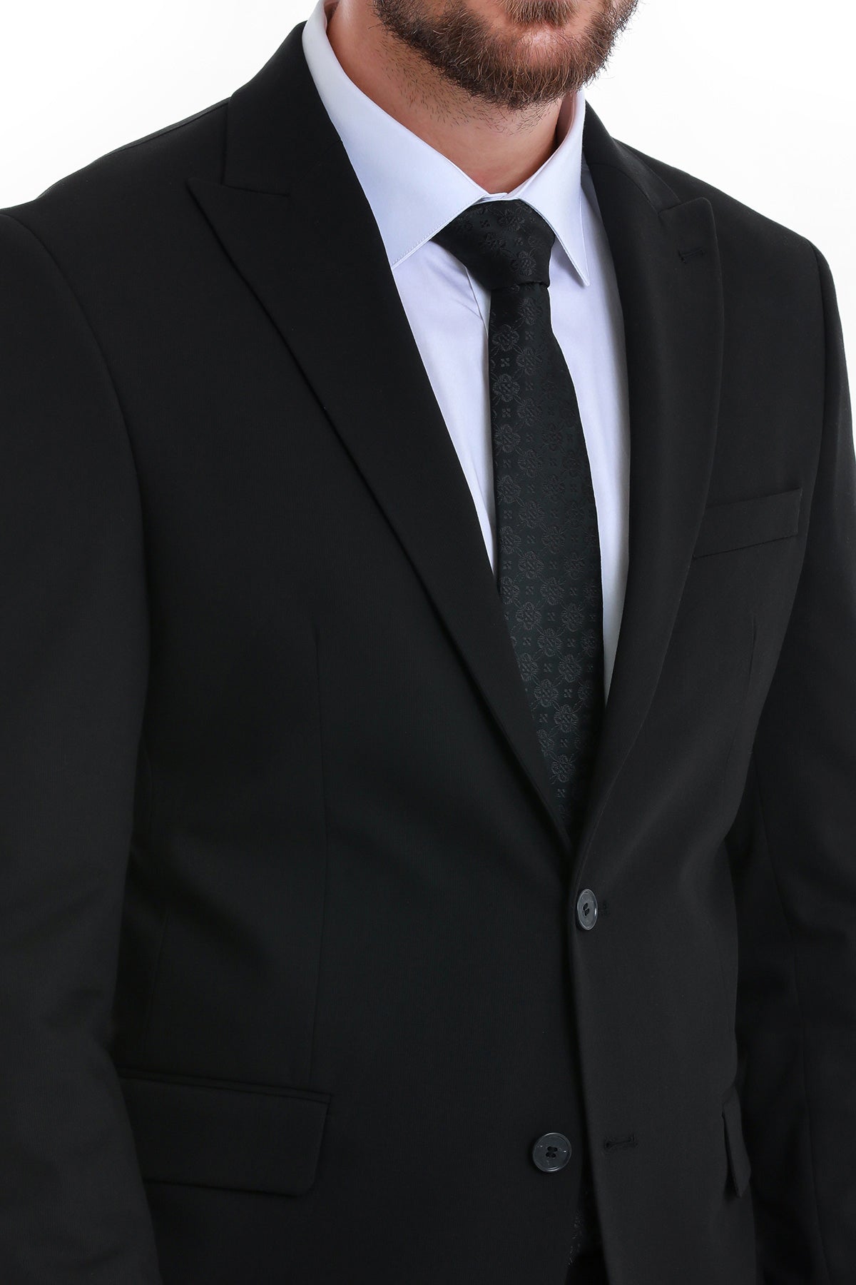 Slim fit black tailored suit jacket with notched lapels and two front buttons in a classic two-piece suit