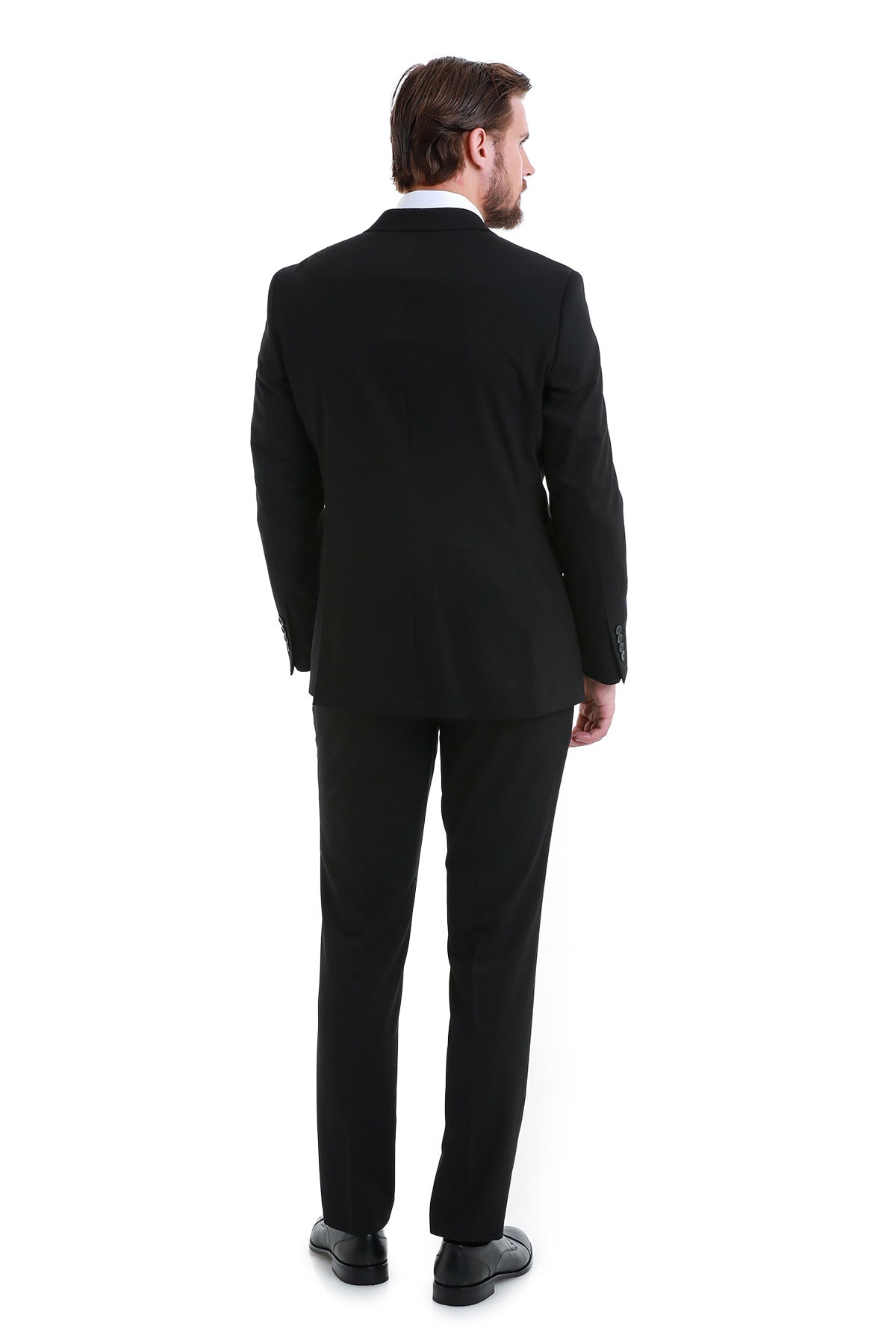 Slim fit black peak lapel two-piece classic suit with sleek tailored cut for formal occasions