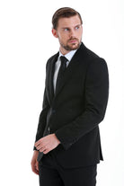 Slim fit black peak lapel tailored suit jacket with sleek modern cut and subtle texture for classic formal wear