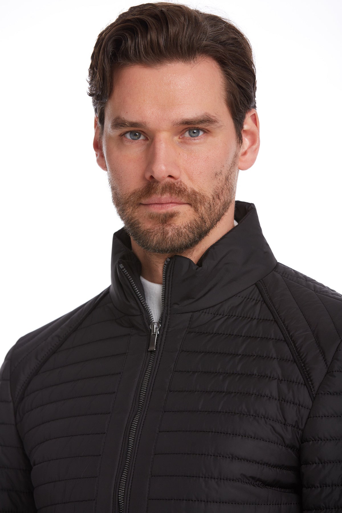 Slim Fit Black Pique Stand Collar Coat – SAYKI