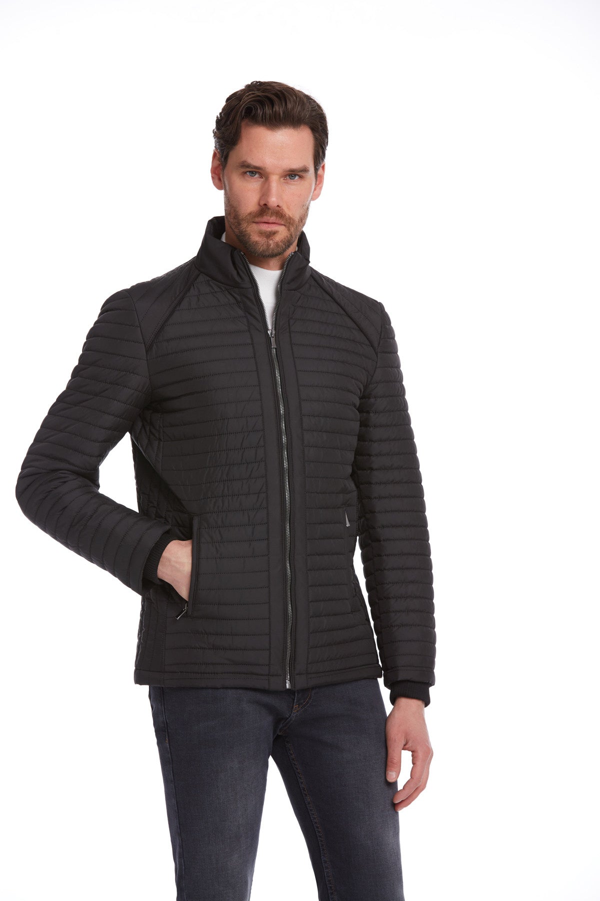 Èaphi STAND COLLAR COAT Slim Fit Black Pique Stand Collar Coat – SAYKI