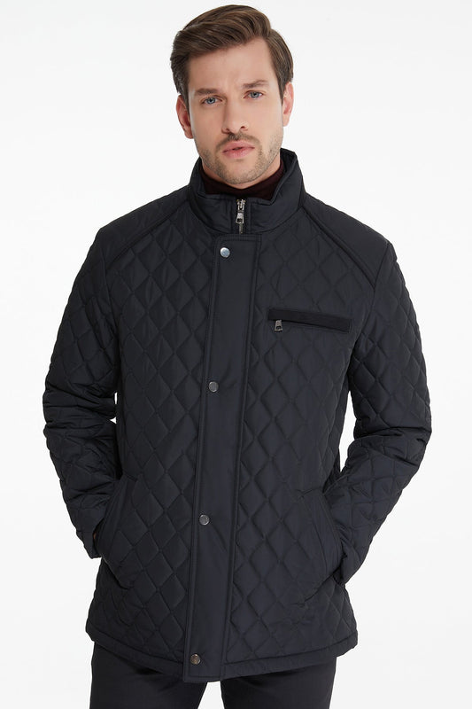 Slim Fit Black Quilted Full Zip Stand Collar Coat SAYKI