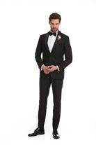 Black tuxedo suit with satin lapels and a matching bow tie.