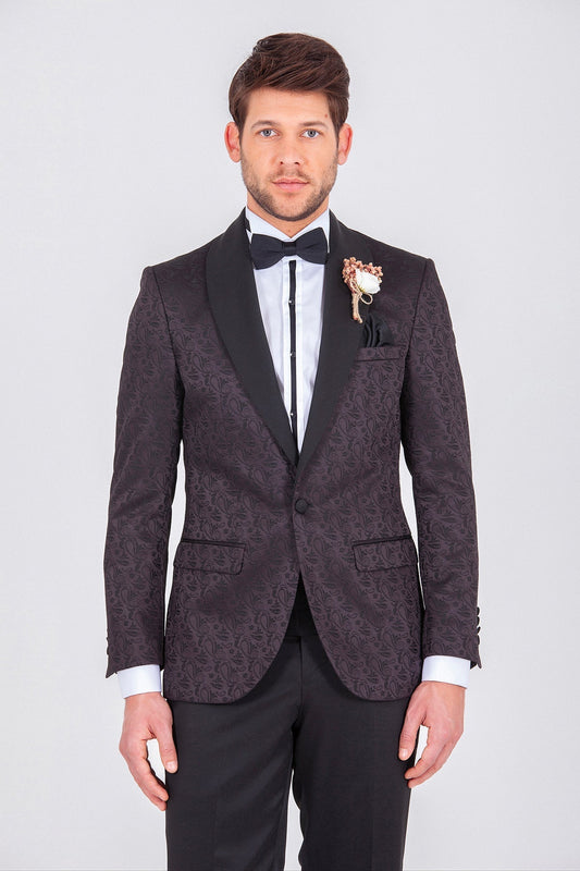 Black tuxedo jacket with subtle dark patterned fabric and contrasting satin lapels.