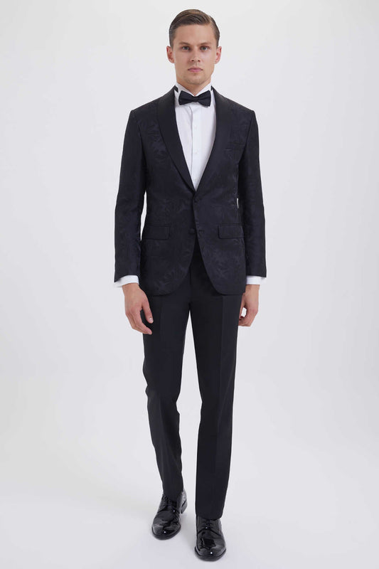Black tuxedo jacket with subtle patterned texture, paired with matching trousers and a bow tie.