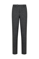 Dark gray wool blend trousers with a subtle herringbone weave pattern.