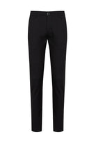 Black slim-fit trousers with a sleek, tailored design and a single button closure at the waist.