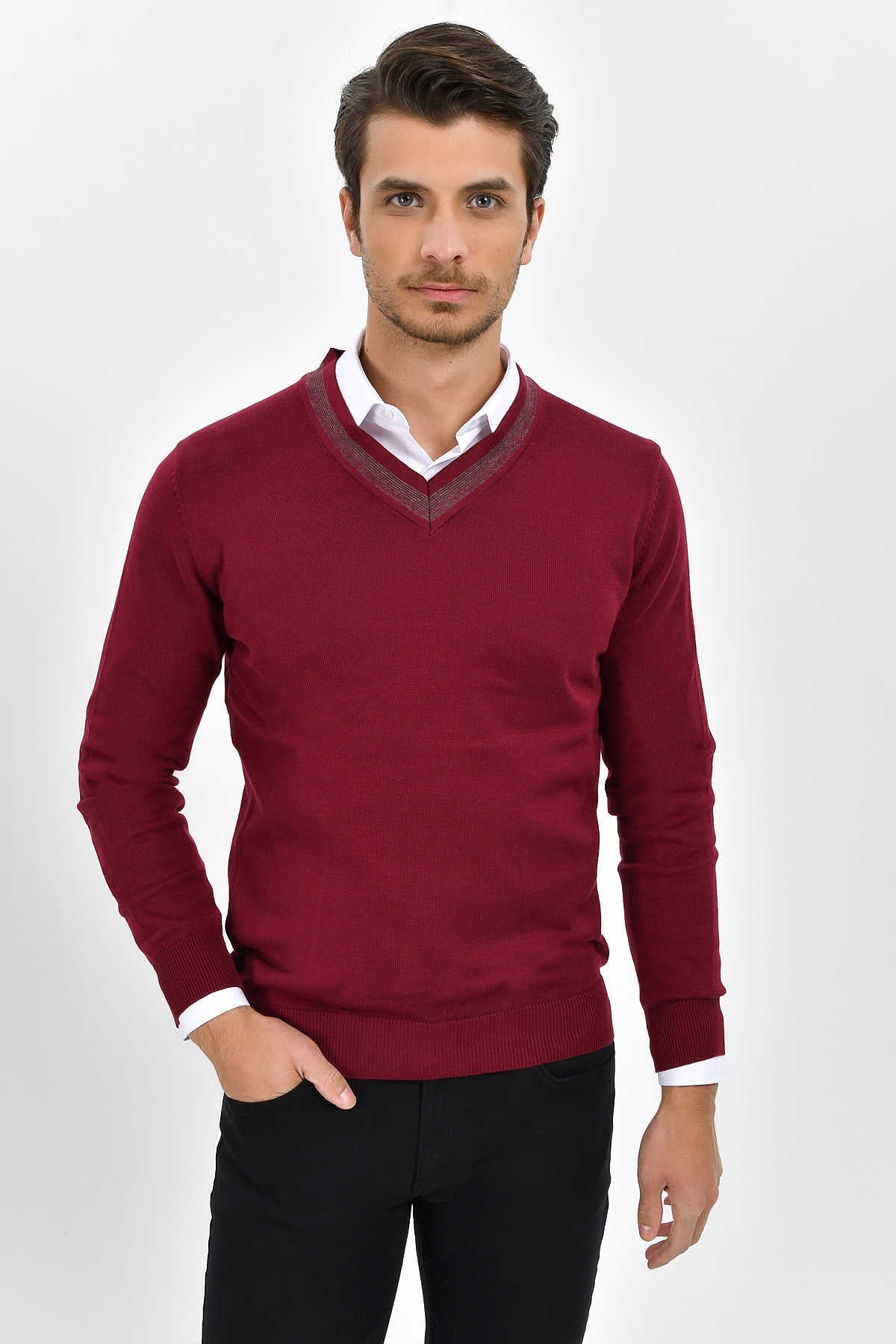 Maroon v-neck sweater with a subtle textured trim along the neckline and cuffs.