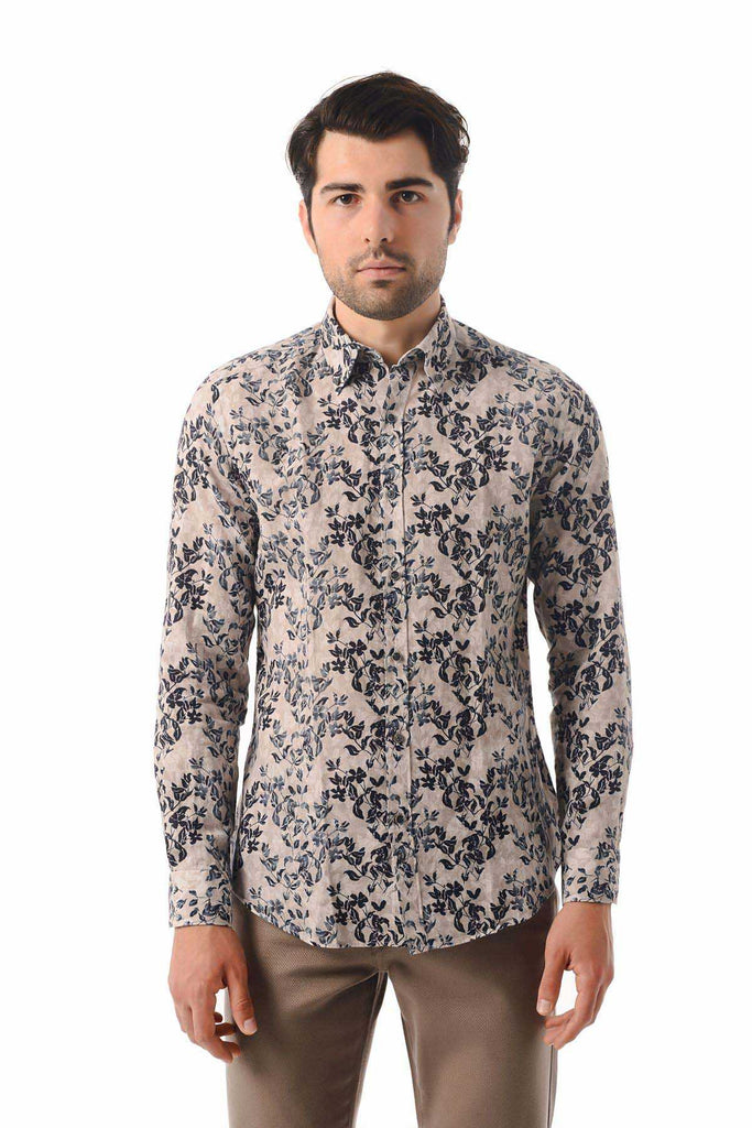 Slim Fit Button Down Long Sleeve Printed Cotton Blend Light