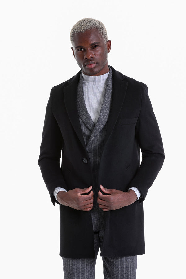 Black wool overcoat with notched lapels and a single-breasted design.