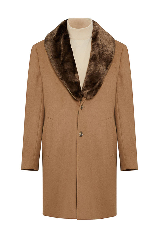 Tan wool coat with a plush brown fur collar.