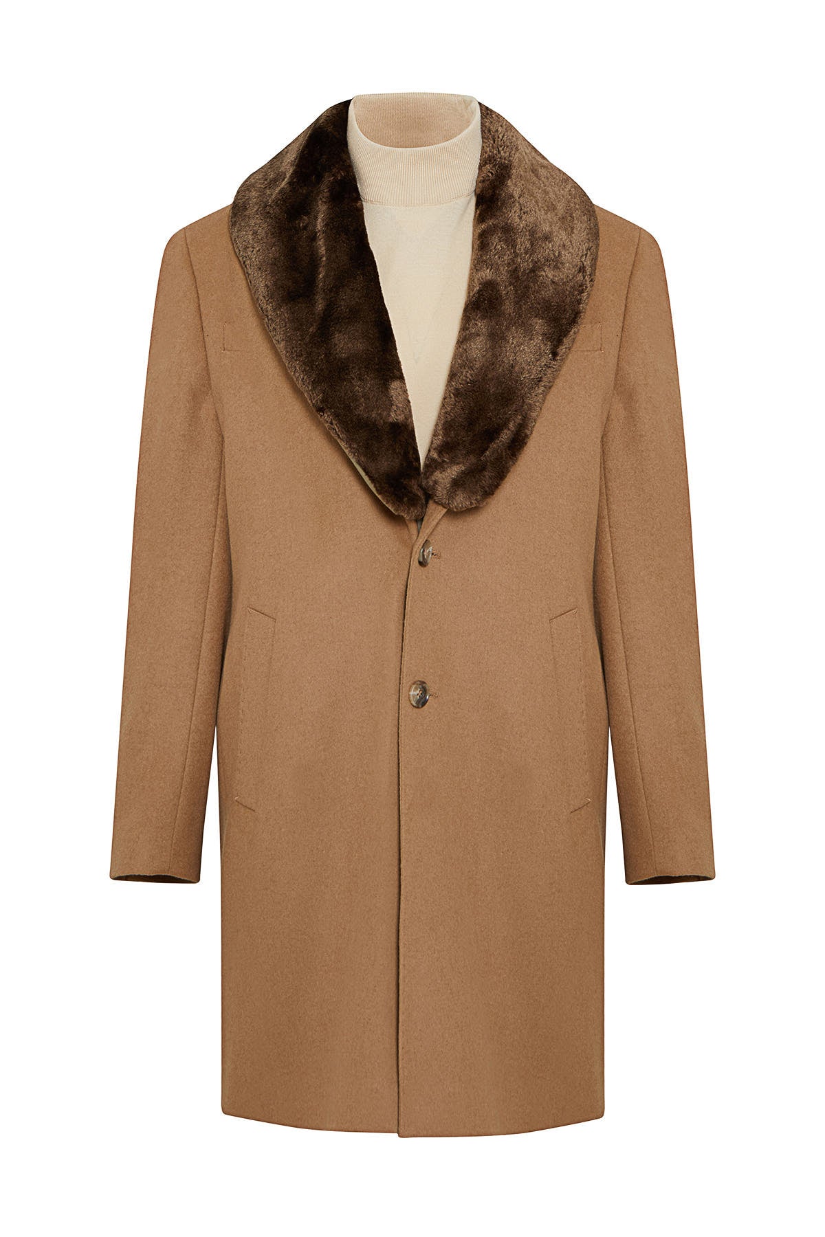 Tan wool coat with a plush brown fur collar.
