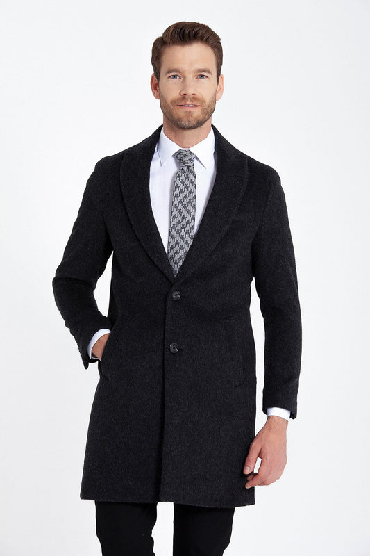 Slim Fit Cachet Charcoal Wool Blend Overcoat - SAYKI