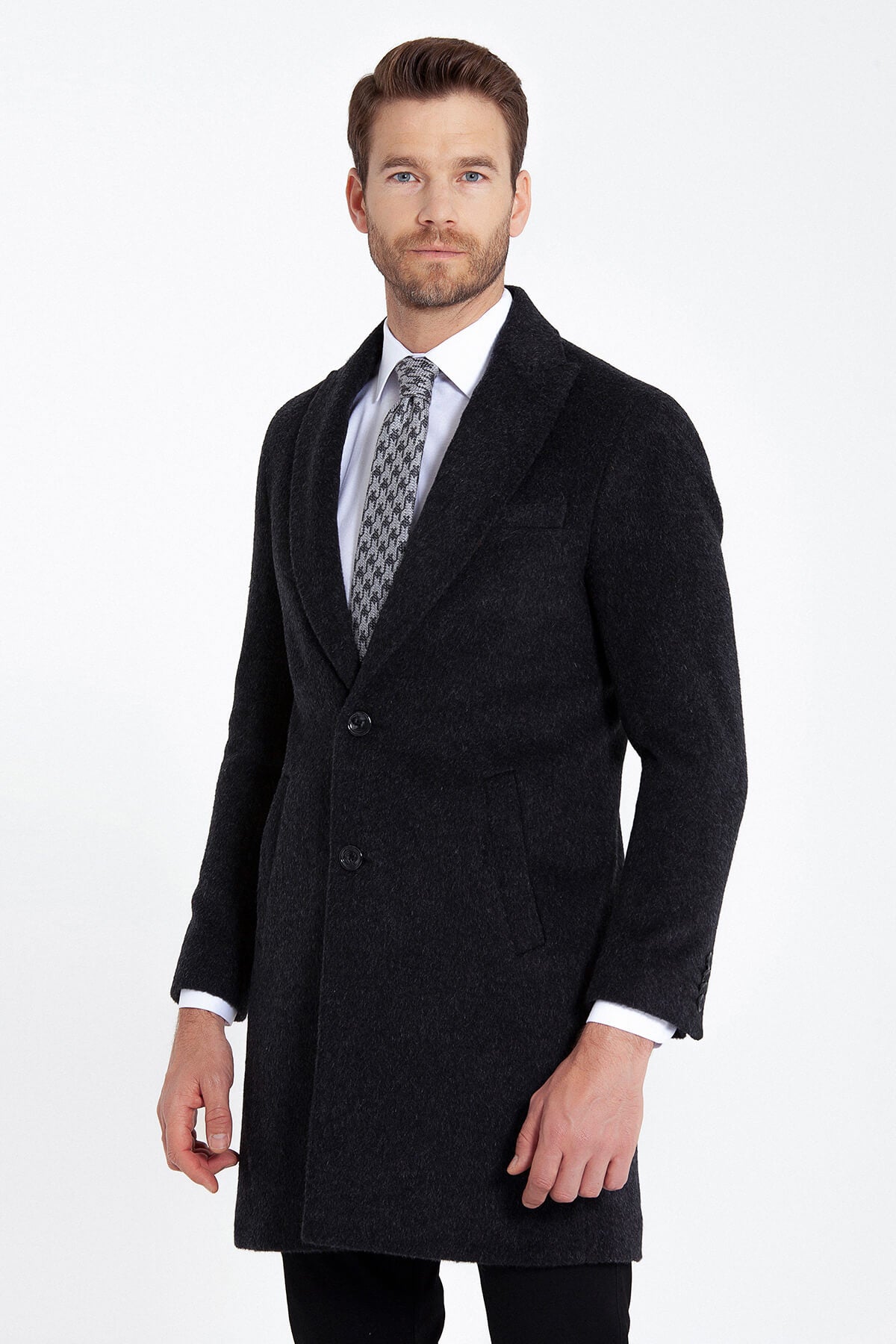 Slim Fit Cachet Charcoal Wool Blend Overcoat - SAYKI