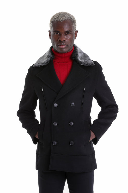 Black double-breasted peacoat with a gray fur collar and dark buttons.