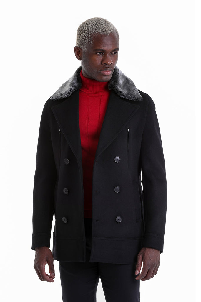 Slim Fit Cachet Double Breasted Wool Blend Black Coat - MIB