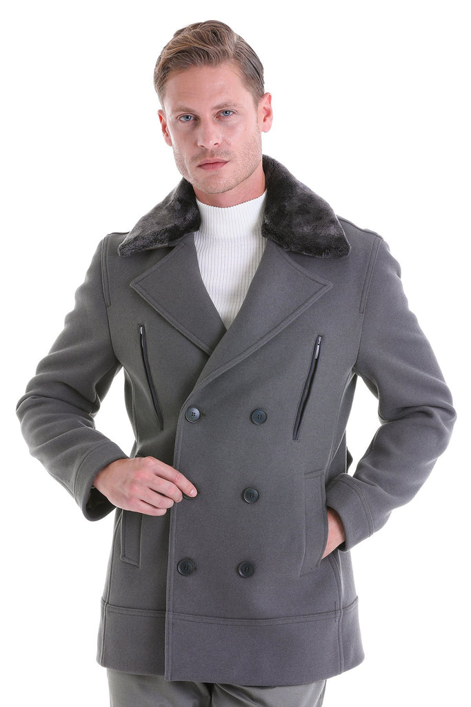 Slim Fit Cachet Double Breasted Wool Blend Black Coat - MIB
