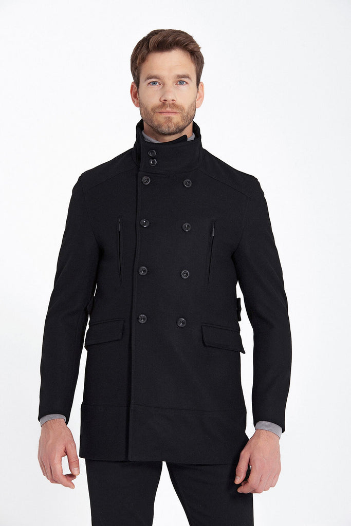 Slim Fit Cachet Double Breasted Wool Blend Black Overcoat