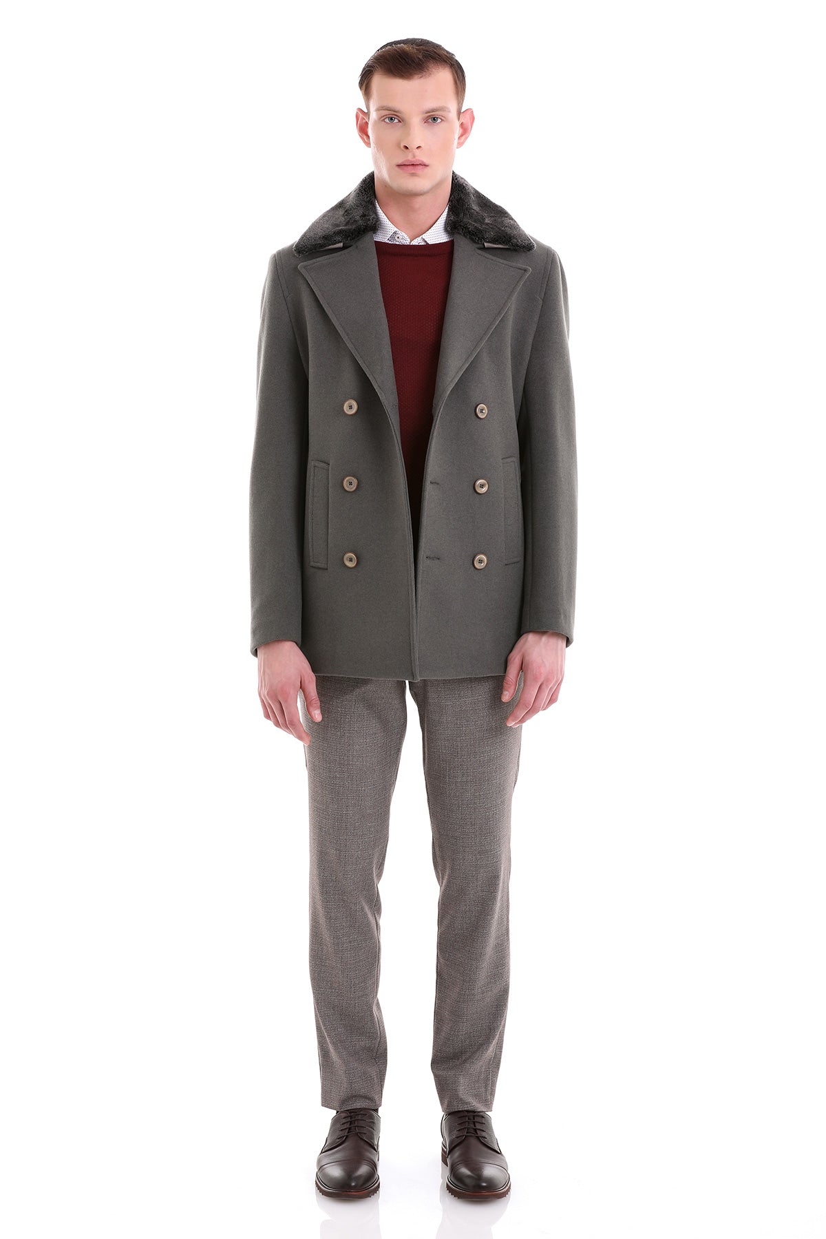 Slim Fit Cachet Faux Fur Collar Mold Green Wool Blend Coat – SAYKI