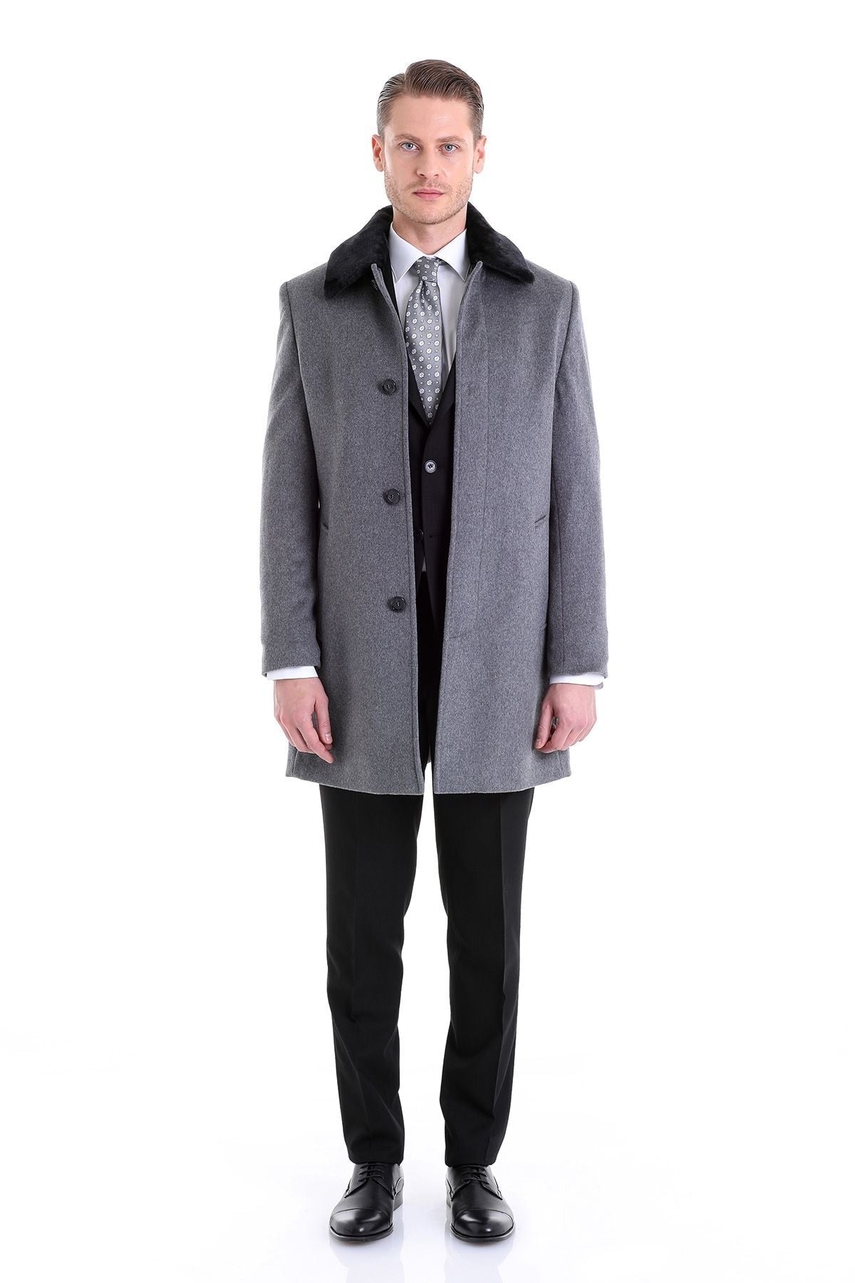 Slim Fit Cachet Flat Collar Gray Wool Blend Overcoat - SAYKI