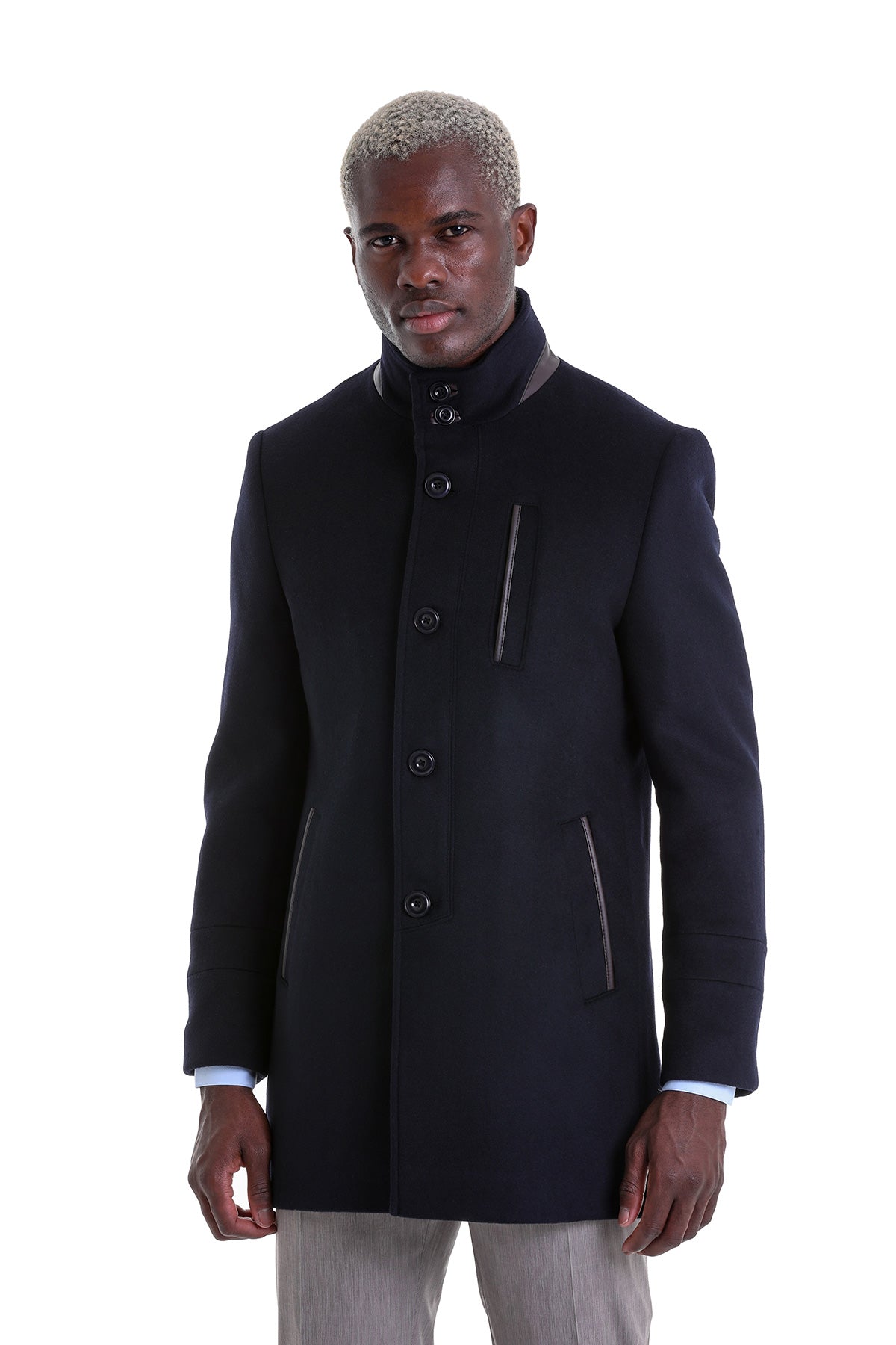 Slim Fit Cachet Funnel Stand Collar Navy Wool Blend Overcoat – SAYKI