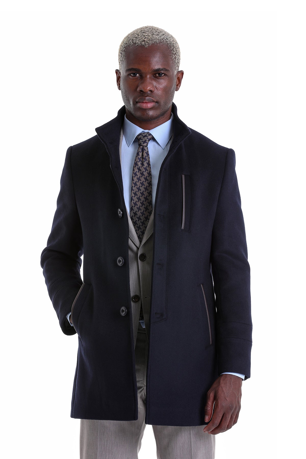 Slim Fit Cachet Funnel Stand Collar Navy Wool Blend Overcoat - SAYKI