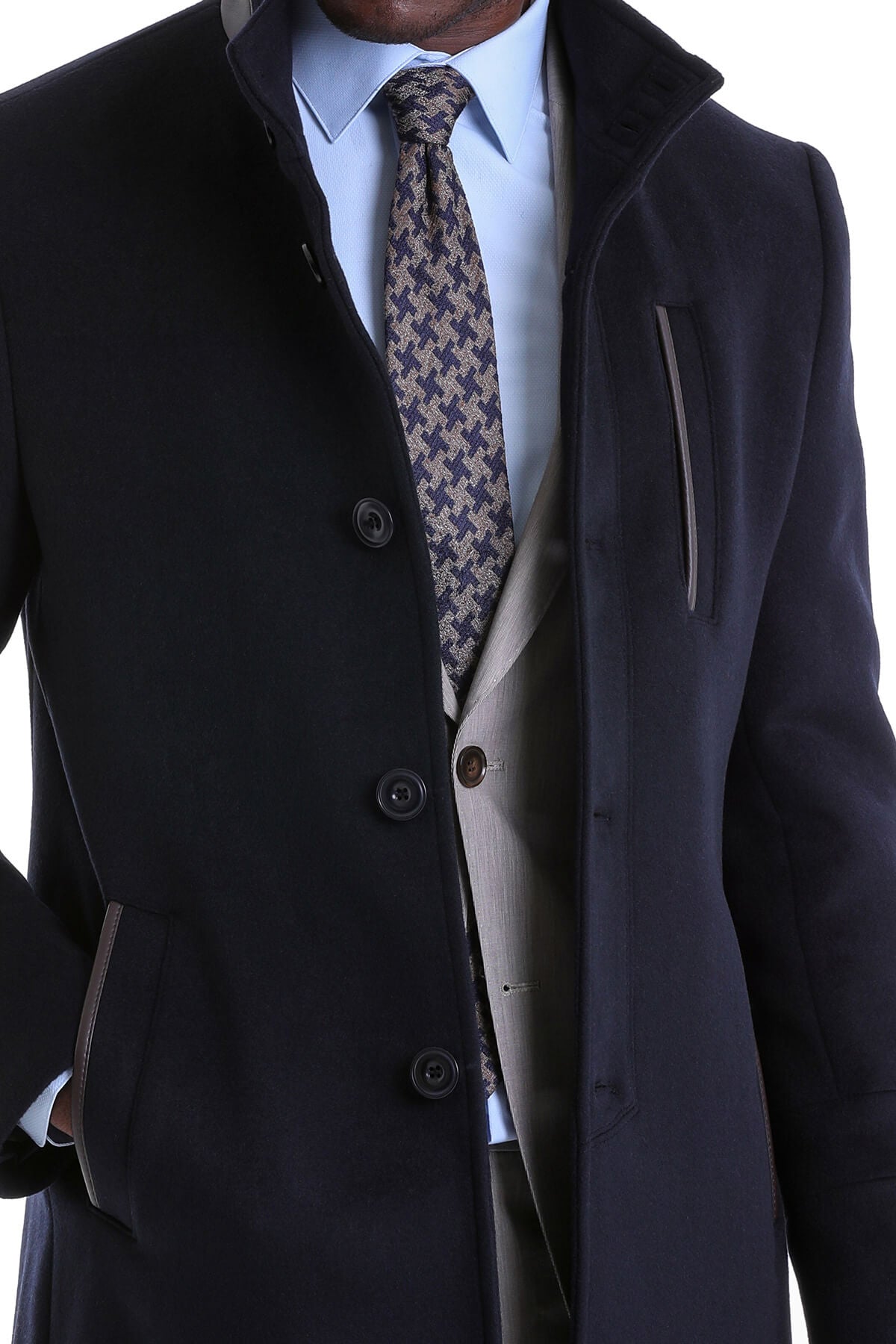 Slim Fit Cachet Funnel Stand Collar Navy Wool Blend Overcoat – SAYKI