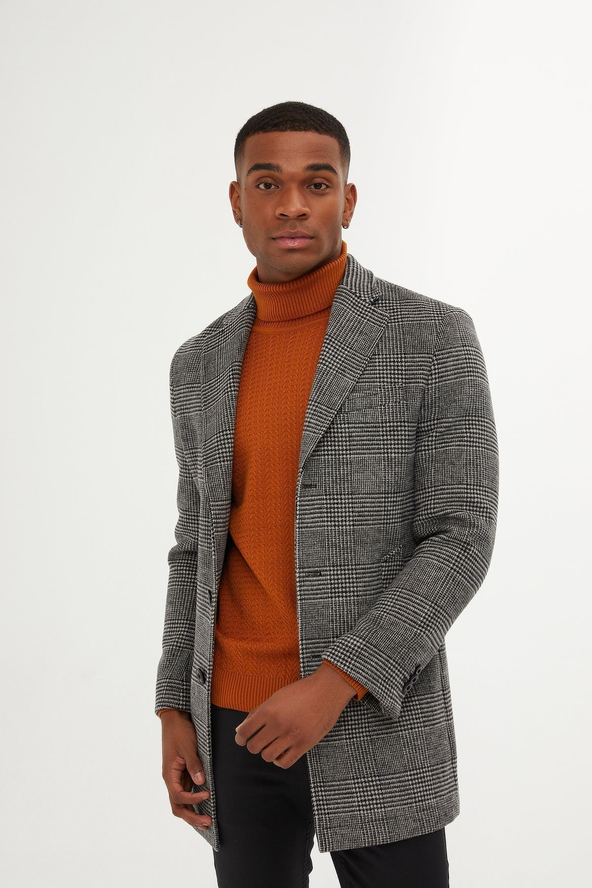 Slim Fit Cachet Glen Plaid Gray Wool Blend Overcoat - SAYKI