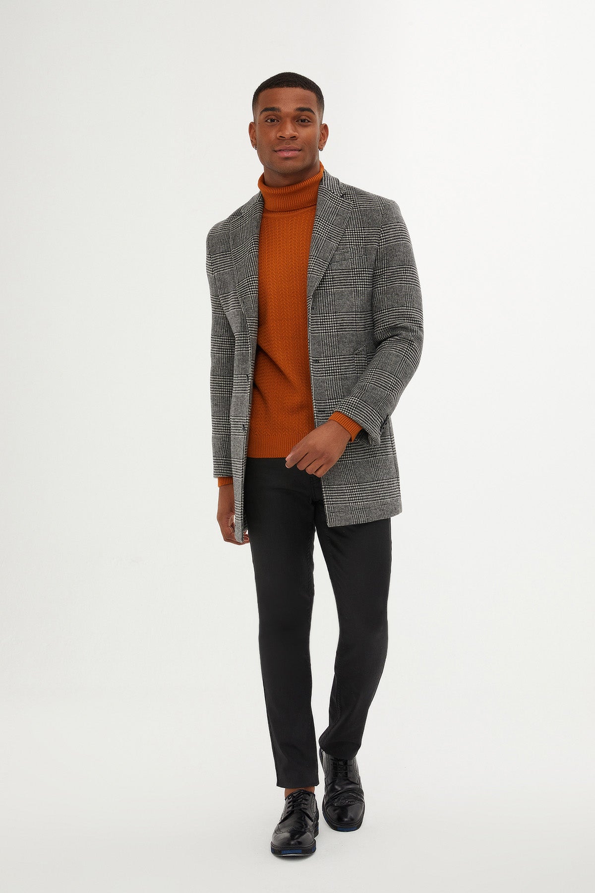 Slim Fit Cachet Glen Plaid Gray Wool Blend Overcoat - SAYKI